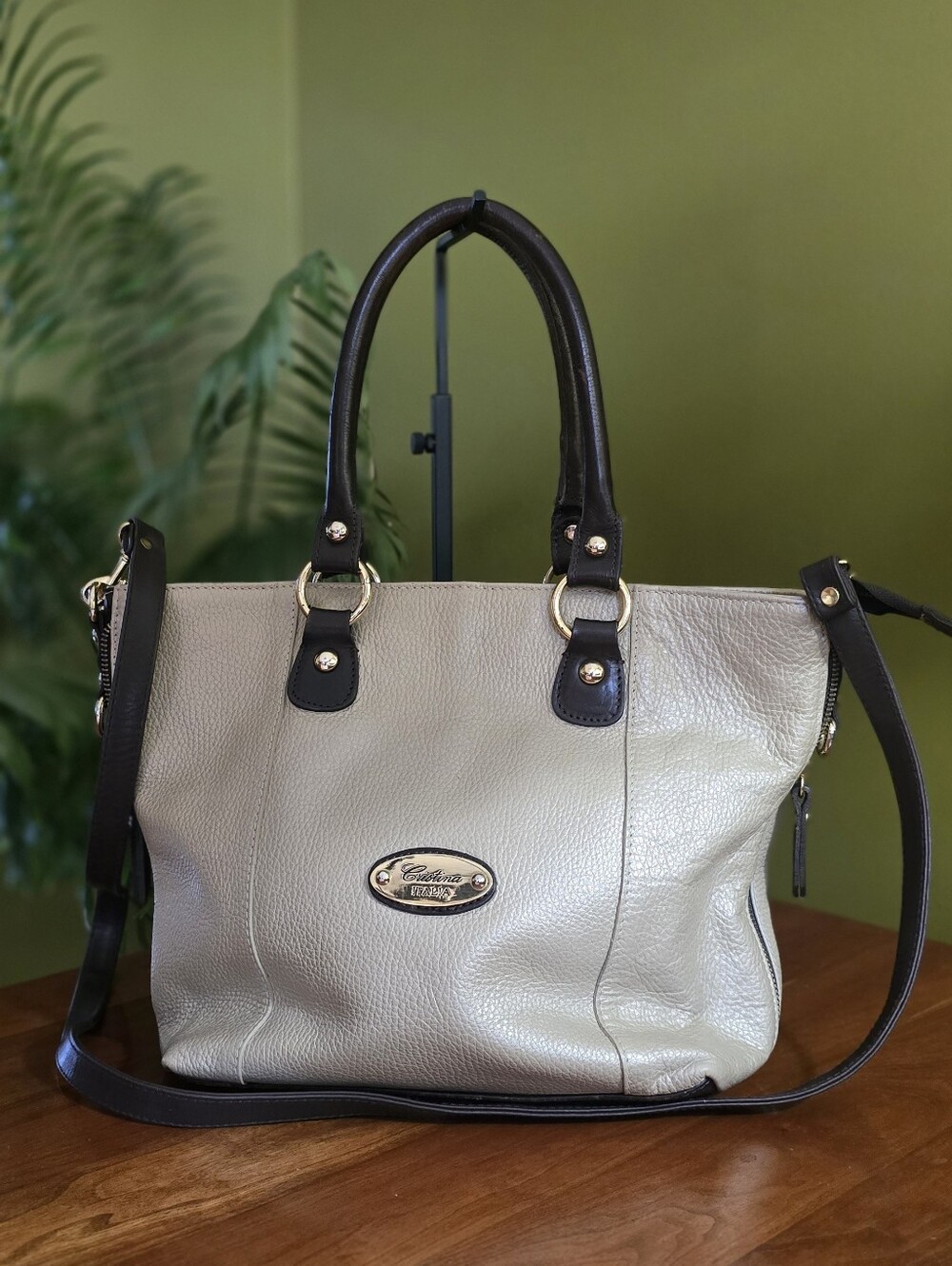 Cristina Italy Vintage Pebbled Leather Handbag Bag  Champagne Beige Crossbody